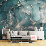Tapet personalizat marble cu marmura in nuante oceanice cu accente argintii sclipitoare silver blue