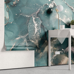 Tapet personalizat marble cu marmura in nuante oceanice cu accente argintii sclipitoare silver blue