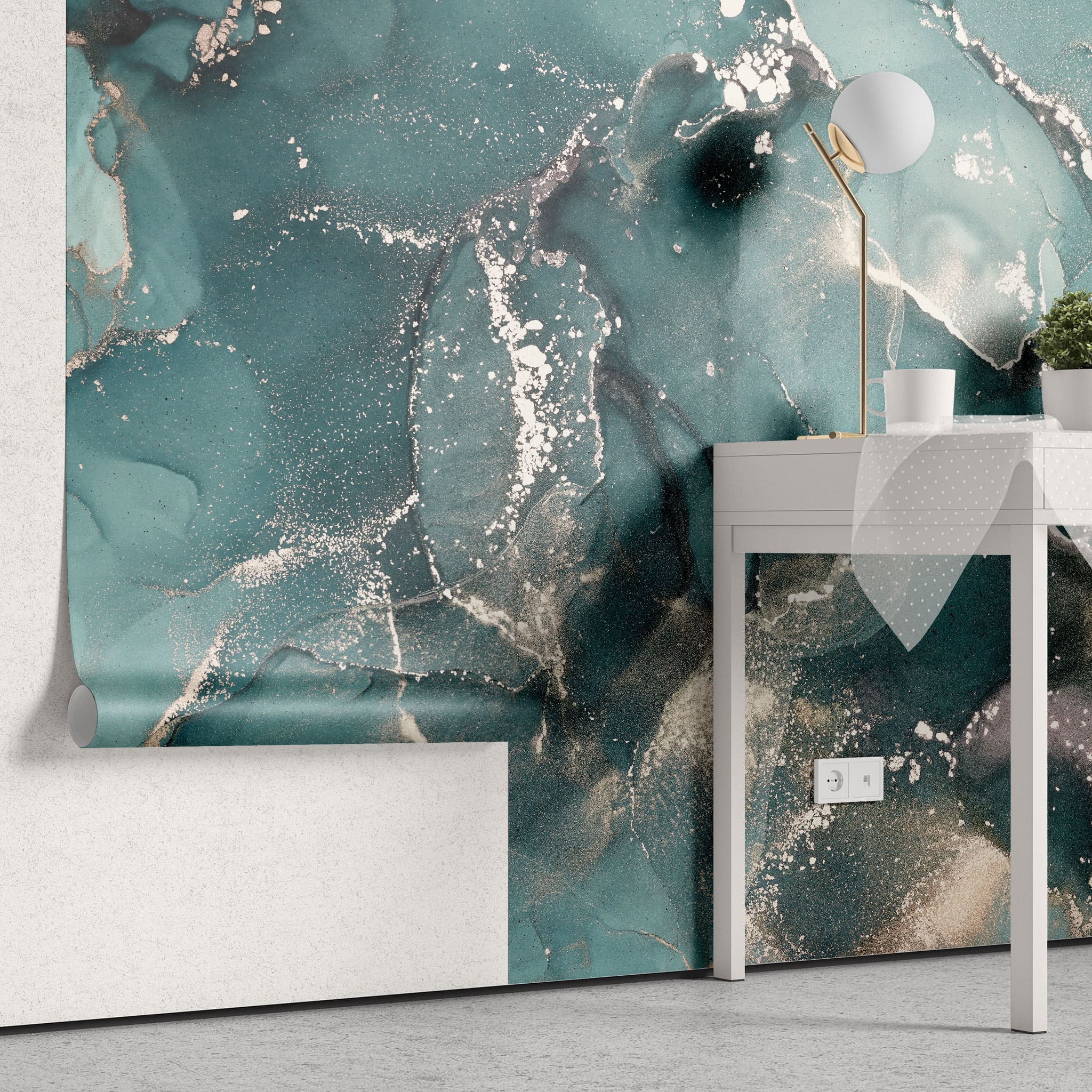 Tapet personalizat marble cu marmura in nuante oceanice cu accente argintii sclipitoare silver blue