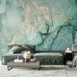 Tapet personalizat marble in nuante de verde alga si praf auriu goldish algae