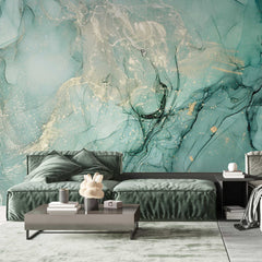 Tapet personalizat marble in nuante de verde alga si praf auriu goldish algae