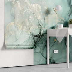 Tapet personalizat marble in nuante de verde alga si praf auriu goldish algae