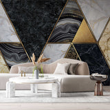 Tapet personalizat marble cu forme abstracte art deco in nuante de negru alb si auriu art deco marble
