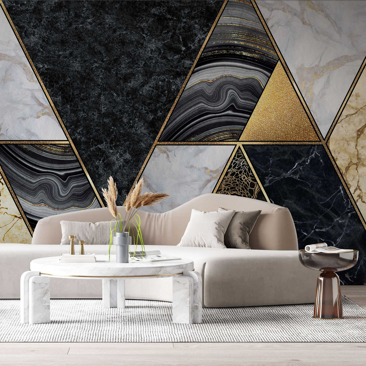 Tapet personalizat marble cu forme abstracte art deco in nuante de negru alb si auriu art deco marble