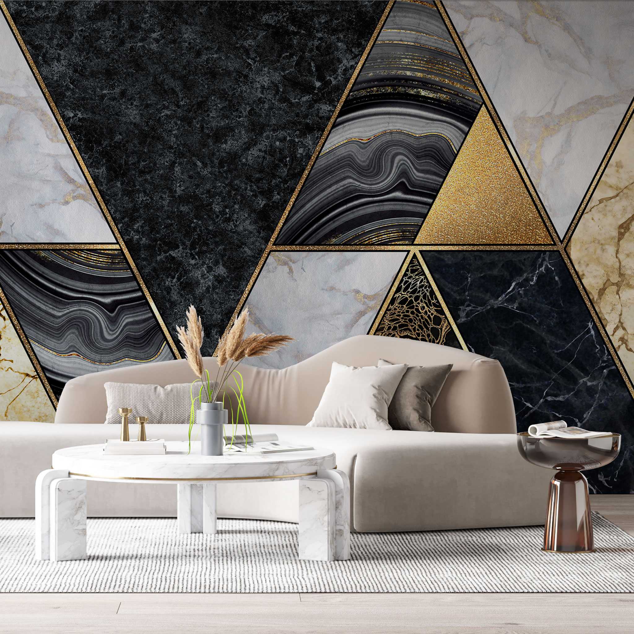 Tapet personalizat marble cu forme abstracte art deco in nuante de negru alb si auriu art deco marble