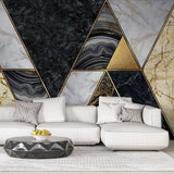 Tapet personalizat marble cu forme abstracte art deco in nuante de negru alb si auriu art deco marble