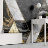 Tapet personalizat marble cu forme abstracte art deco in nuante de negru alb si auriu art deco marble