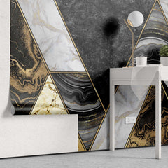 Tapet personalizat marble cu forme abstracte art deco in nuante de negru alb si auriu art deco marble