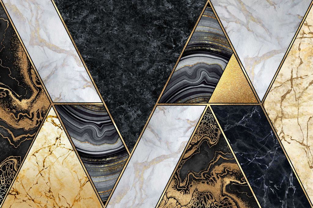 Tapet personalizat marble cu forme abstracte art deco in nuante de negru alb si auriu art deco marble