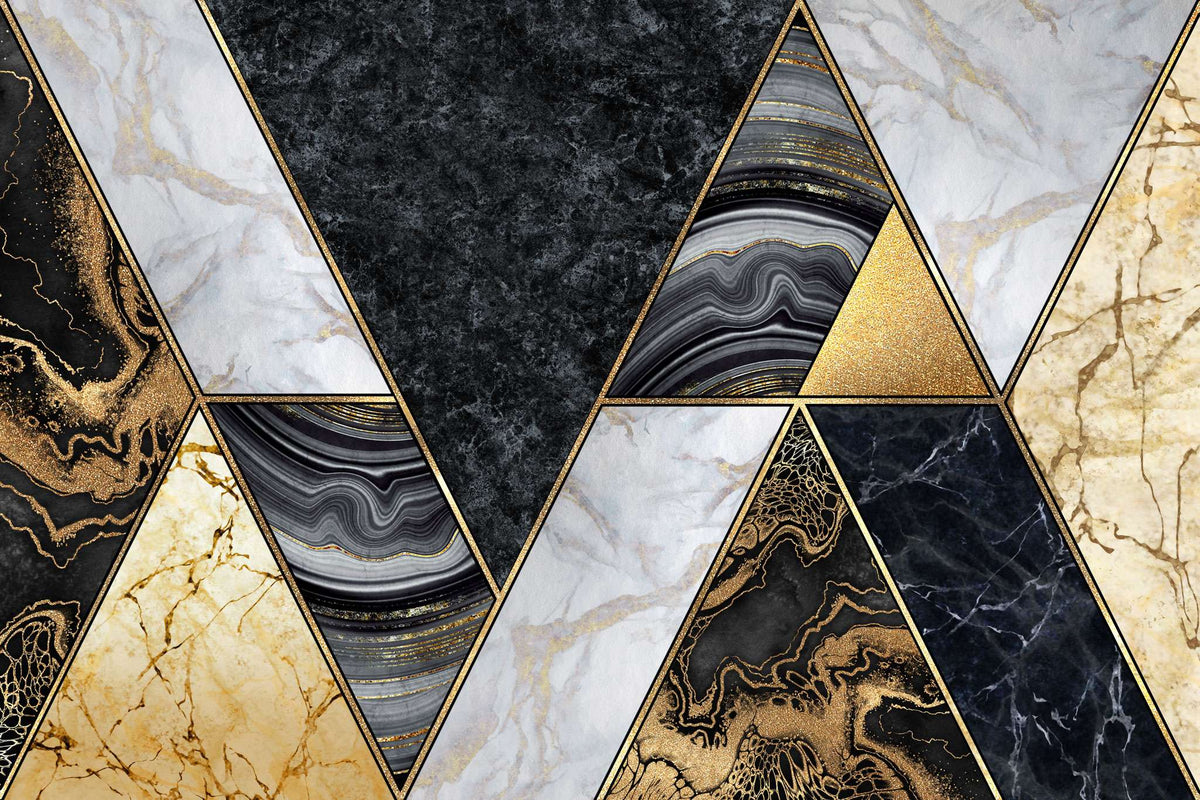 Tapet personalizat marble cu forme abstracte art deco in nuante de negru alb si auriu art deco marble