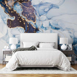 Tapet personalizat marble in nuante de albastru cu insertii aurii blue nebula