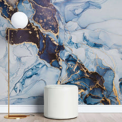 Tapet personalizat marble in nuante de albastru cu insertii aurii blue nebula