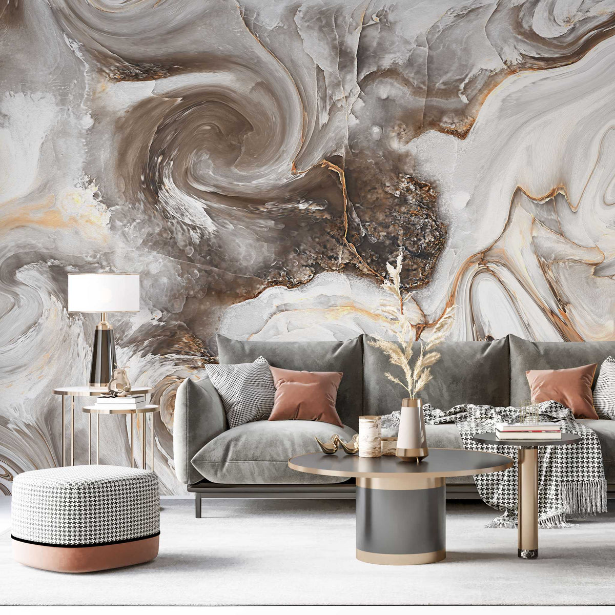 Tapet personalizat marble in nuante de maro si alb in forma de vartejuri latte swirl