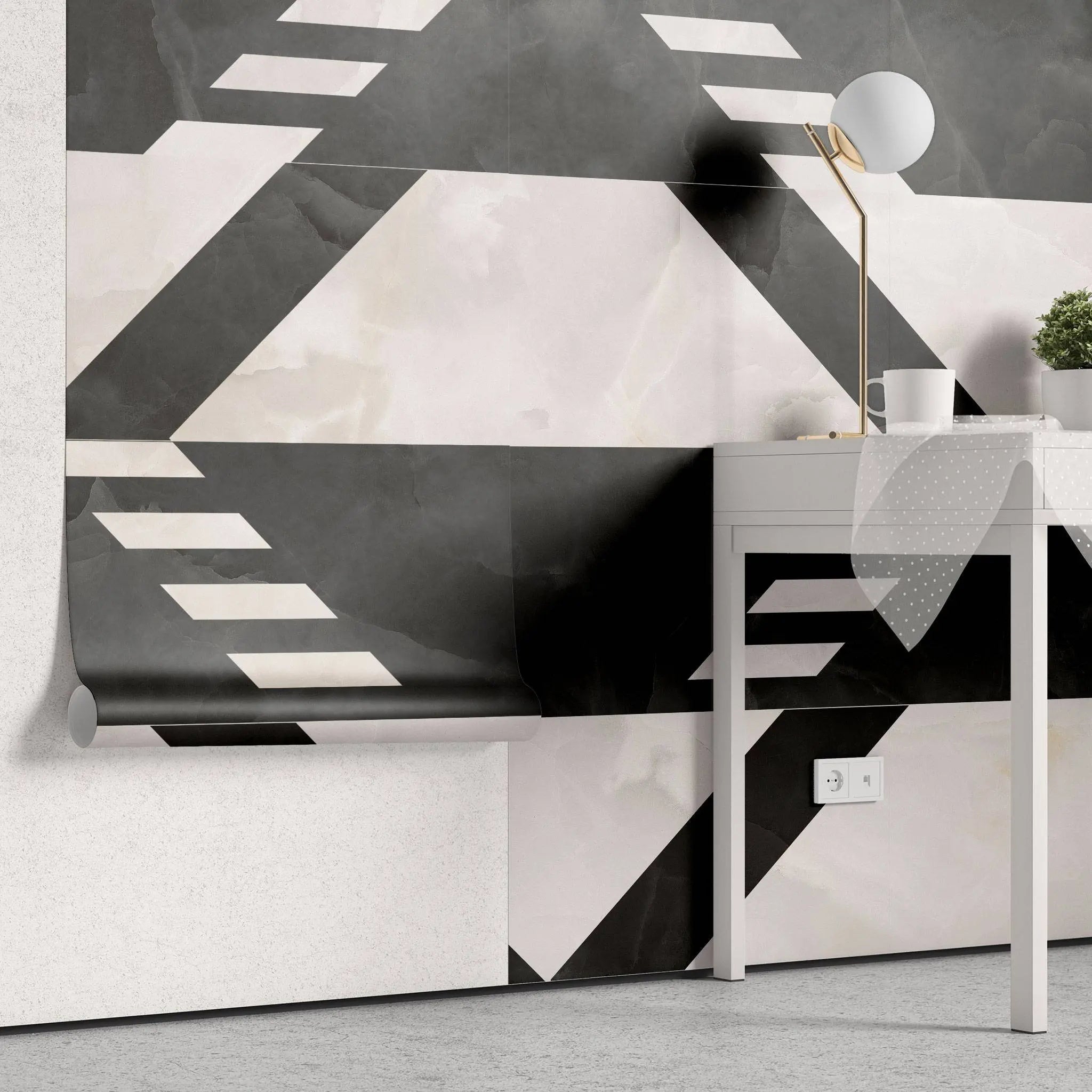 Tapet personalizat marble cu modele azteci in nuante de alb negru aztec marble