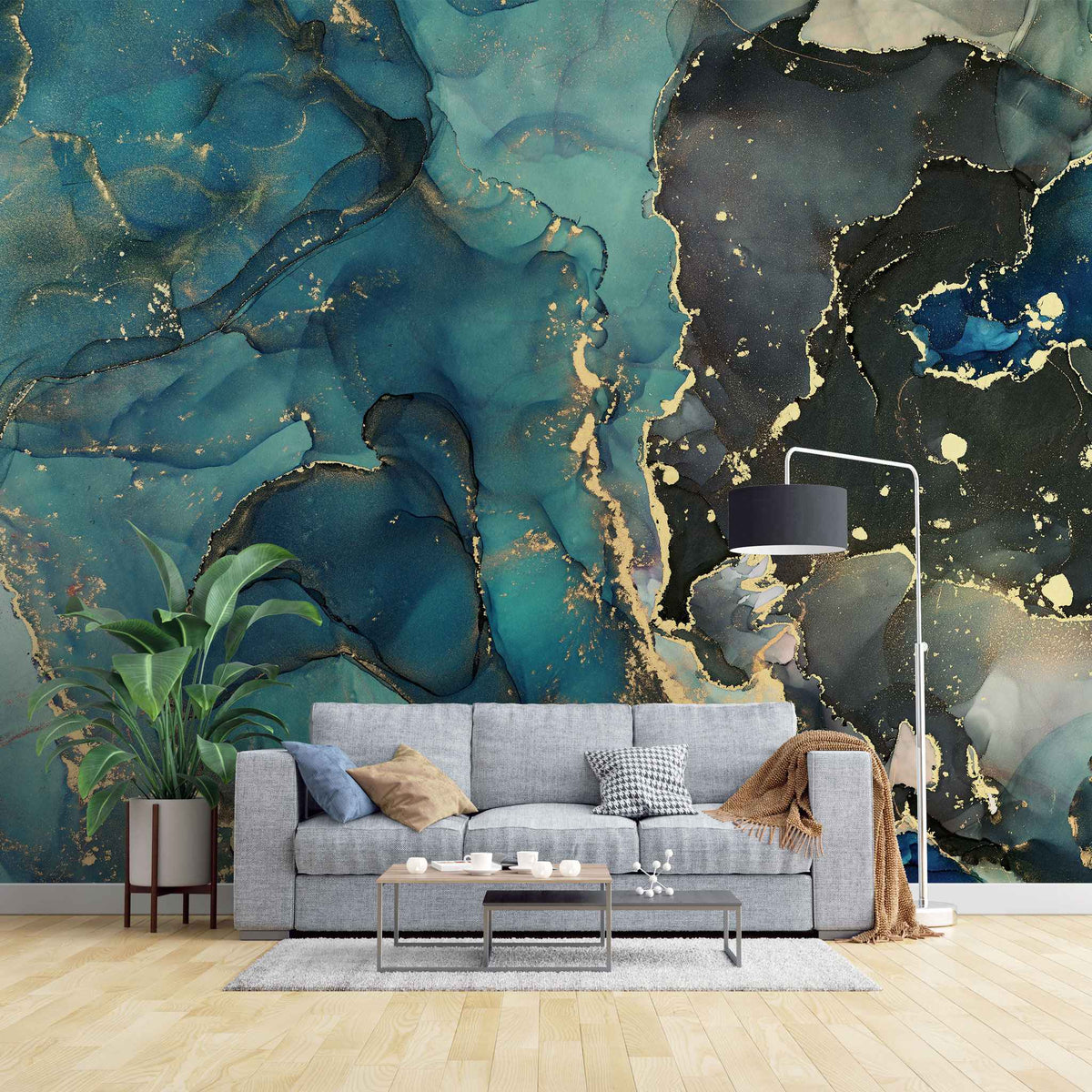 Tapet personalizat marble in nuante de verde albastru si negru cu insertii aurii stormy sea