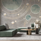 Tapet personalizat marble cu cercuri abstracte in nuante de verde menta si maro marble solar system