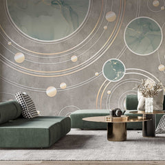 Tapet personalizat marble cu cercuri abstracte in nuante de verde menta si maro marble solar system