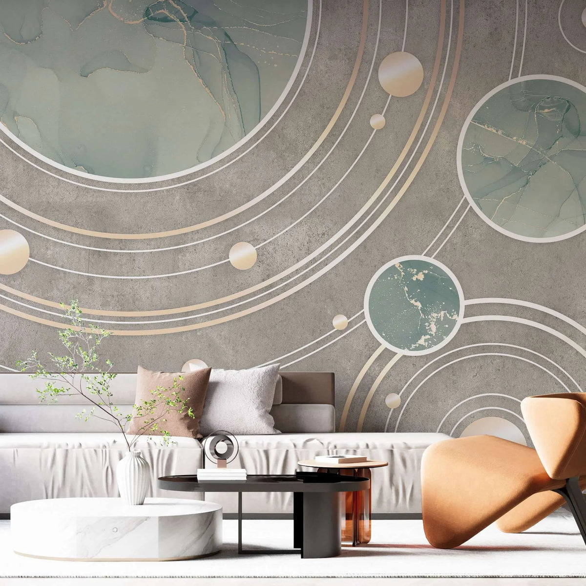 Tapet personalizat marble cu cercuri abstracte in nuante de verde menta si maro marble solar system