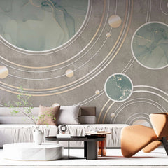 Tapet personalizat marble cu cercuri abstracte in nuante de verde menta si maro marble solar system