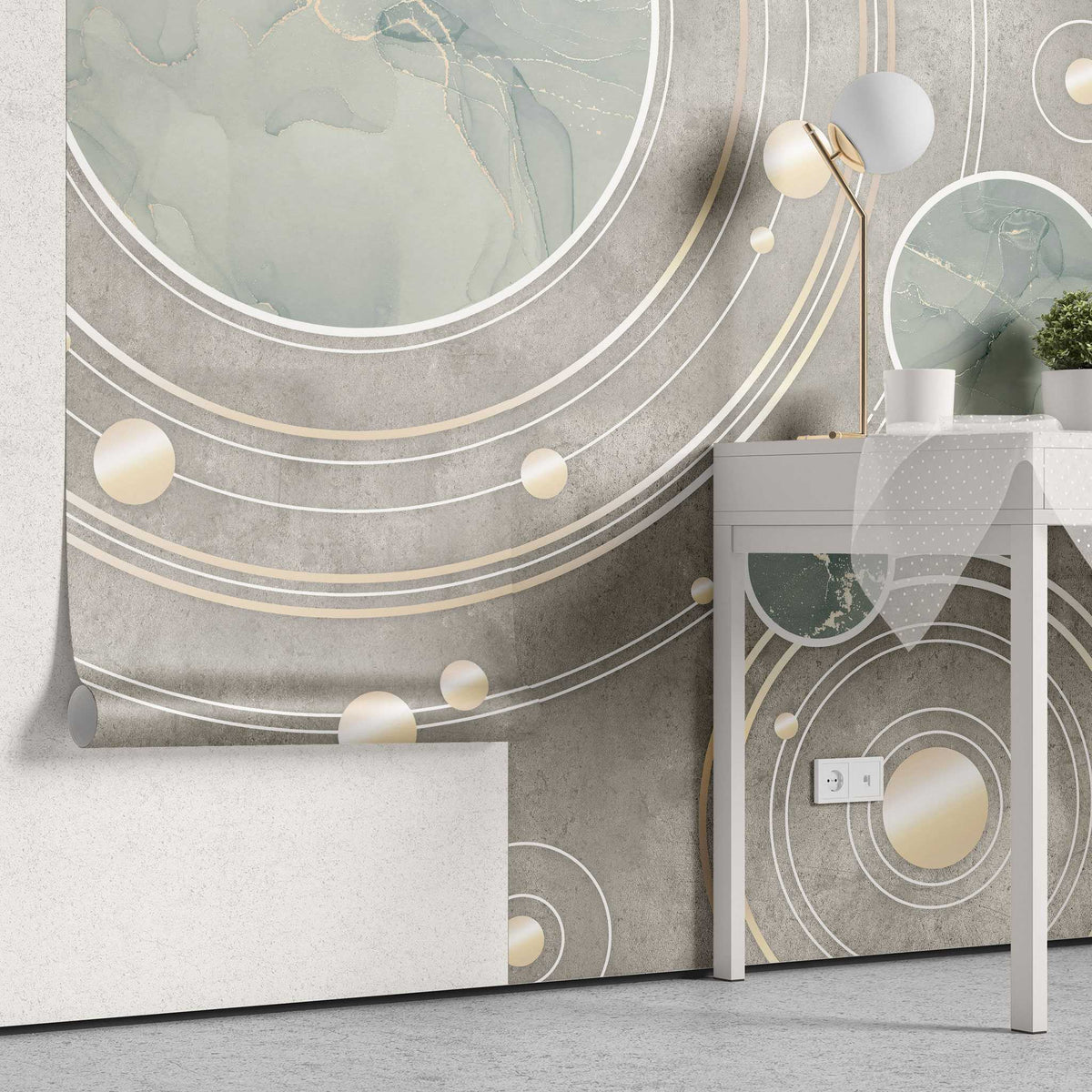Tapet personalizat marble cu cercuri abstracte in nuante de verde menta si maro marble solar system