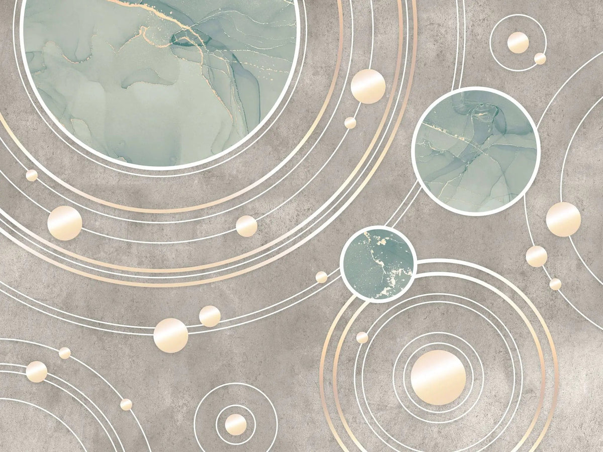 Tapet personalizat marble cu cercuri abstracte in nuante de verde menta si maro marble solar system