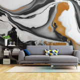 Tapet personalizat marble cu forme fluide in nuante de negru maro si alb fluid marble