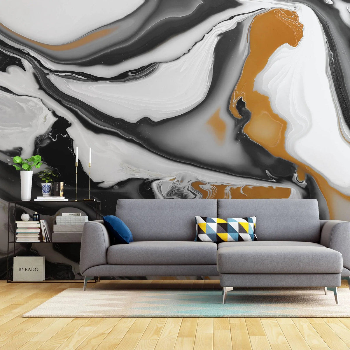 Tapet personalizat marble cu forme fluide in nuante de negru maro si alb fluid marble