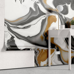 Tapet personalizat marble cu forme fluide in nuante de negru maro si alb fluid marble