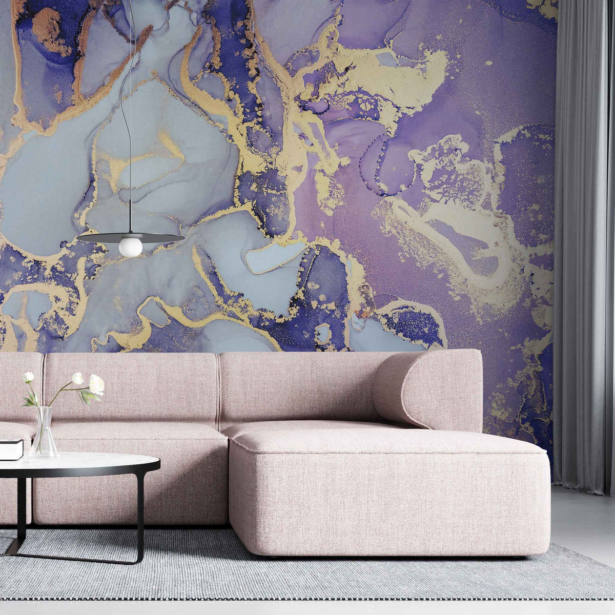 Tapet personalizat marble in nuante de mov cu insertii aurii purple nebula