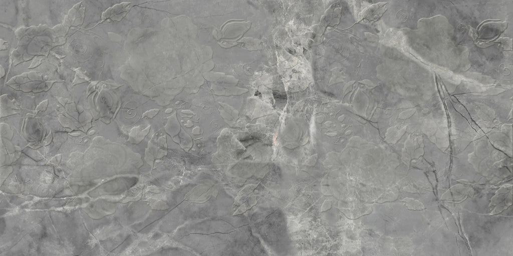 Tapet personalizat marble in nuante de gri cu flori in textura grey marble flowers