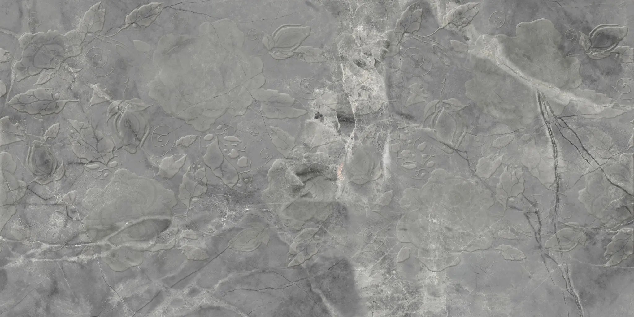 Tapet personalizat marble in nuante de gri cu flori in textura grey marble flowers
