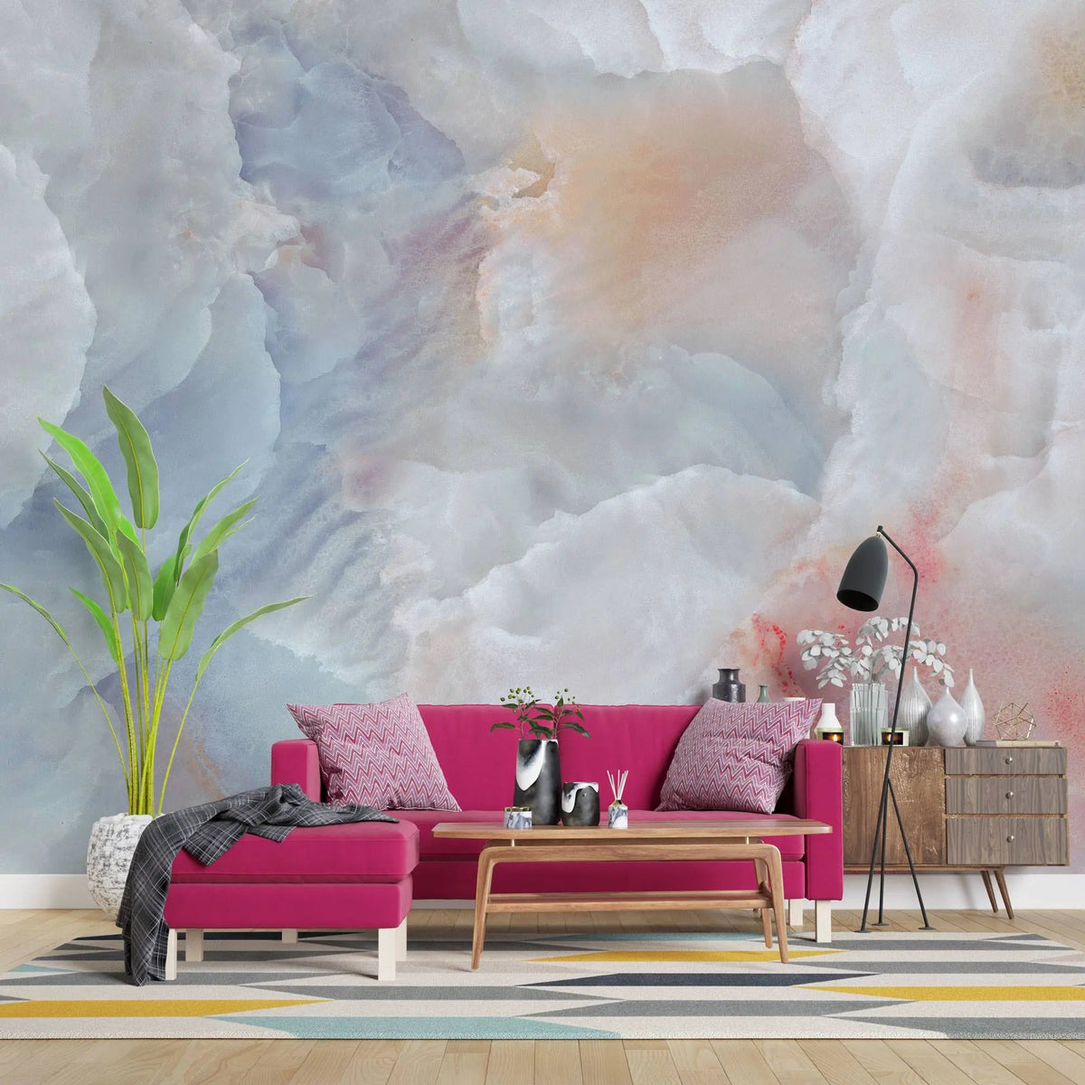 Tapet personalizat marble cu marmura/piatra semipretioasa in nuante de roz aprins si albastru deschis nebula sunrise