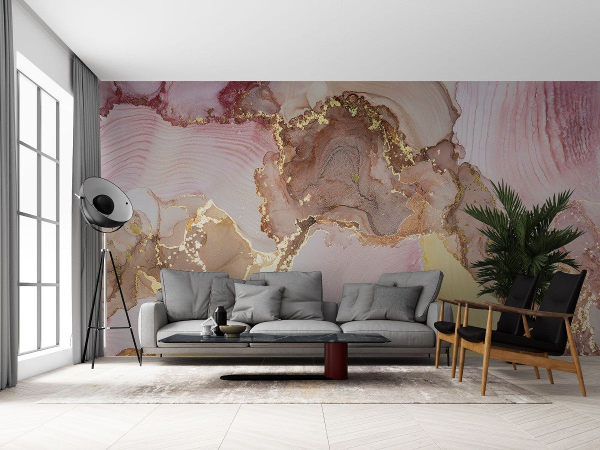 Tapet personalizat marble cu un model de marmura cu accente aurii si roz ce ofera un aspect luxuriant si cald golden pink