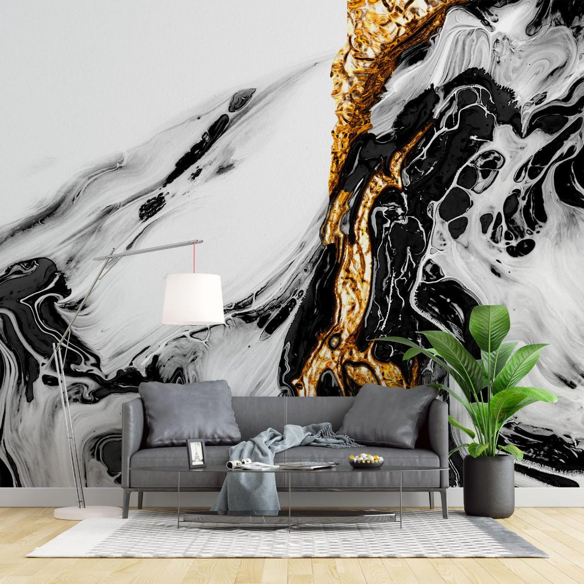 Tapet personalizat marble cu o textura de piatra asemanatoare lavei solidificate cu nuante aurii si negre pentru un impact vizual puternic gold lava