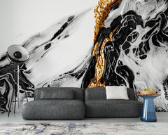 Tapet personalizat marble cu o textura de piatra asemanatoare lavei solidificate cu nuante aurii si negre pentru un impact vizual puternic gold lava