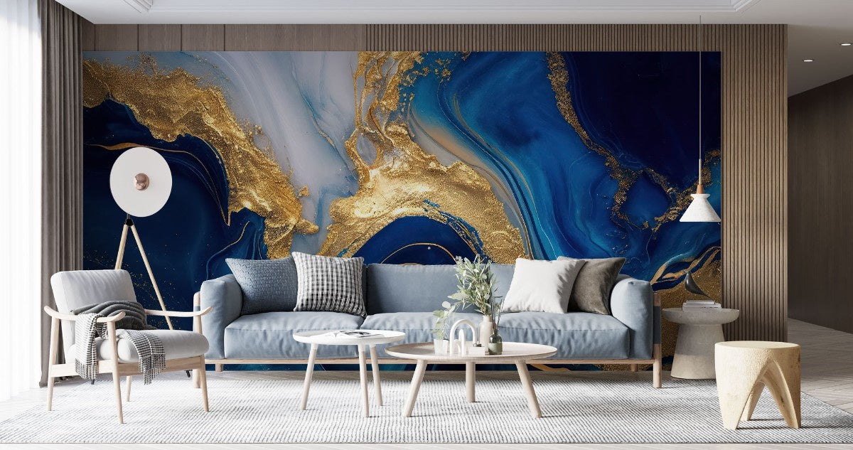 Tapet personalizat marble cu o textura fluida ce imita aurul lichid si accente de piatra alba pentru un decor impunator golden acrylic paint