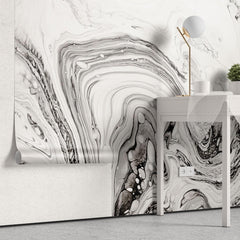 Tapet personalizat marble cu o marmura neagra cu insertii albe si gri asemanatoare cernelii ce adauga eleganta clasica spatiului white ink ii