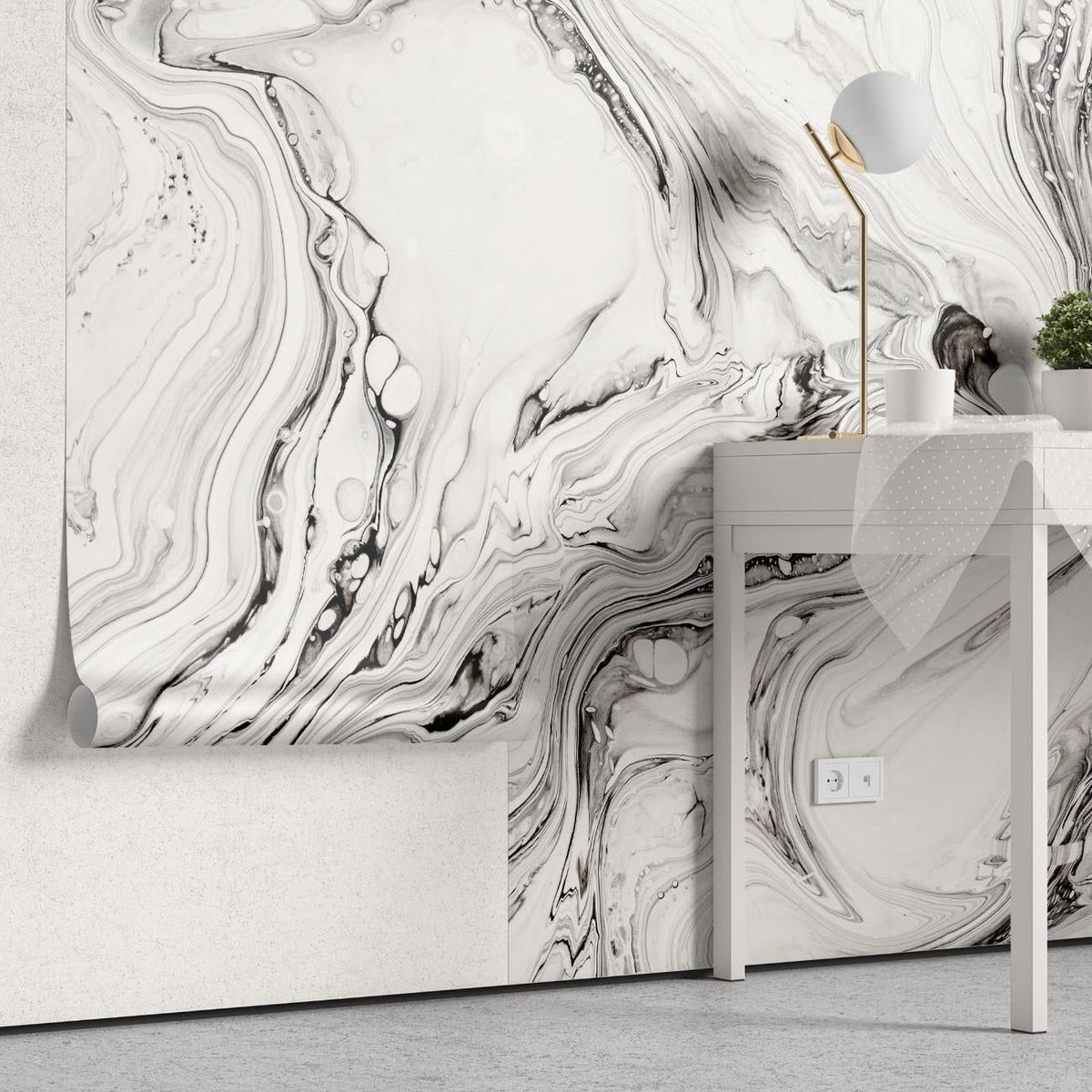 Tapet personalizat marble cu o marmura alba cu detalii fine asemanatoare cernelii ce ofera luminozitate si rafinament white ink