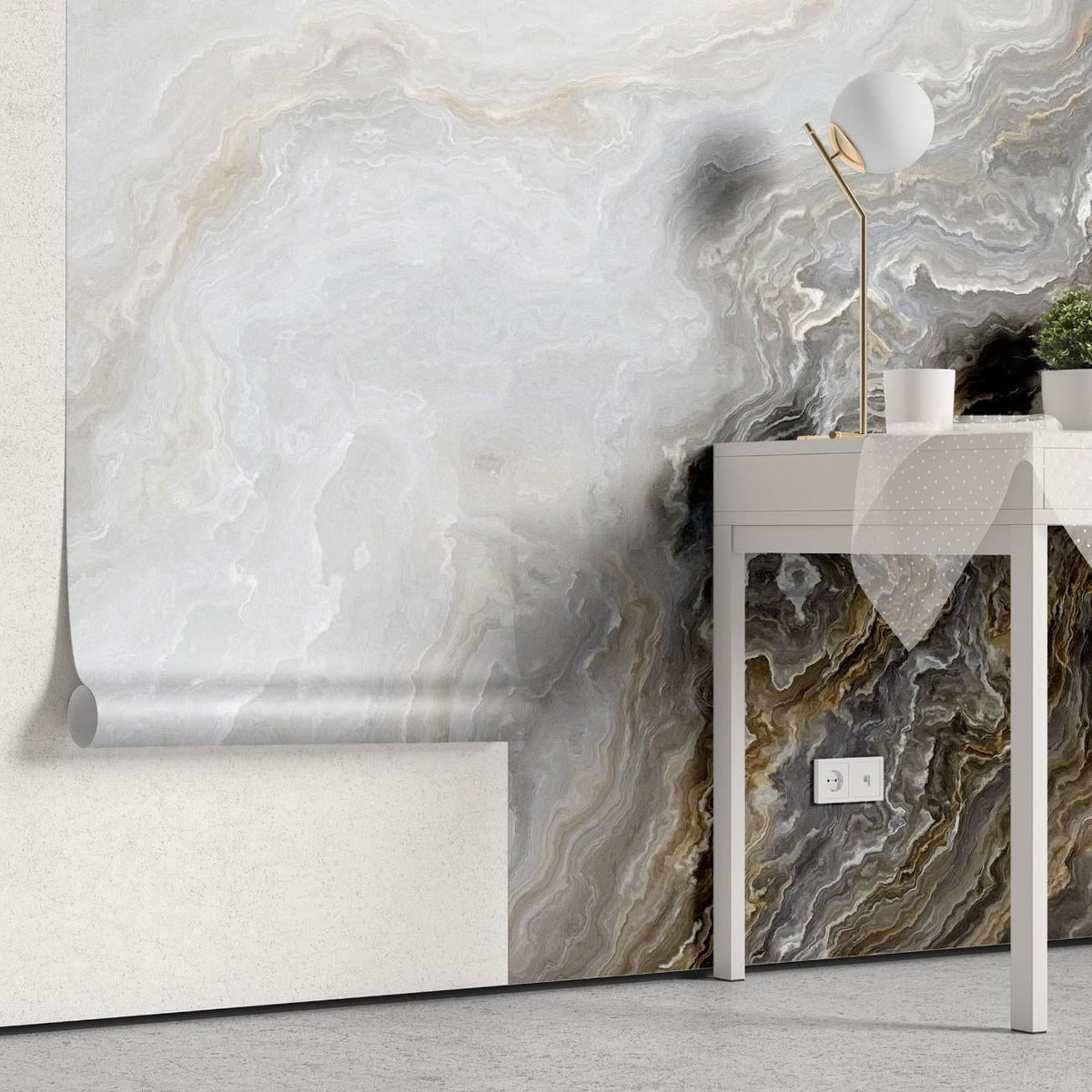 Tapet personalizat marble cu o textura de marmura in nuante subtile de gri si crem ce aduce un aspect natural asemeni unei scoici oyster