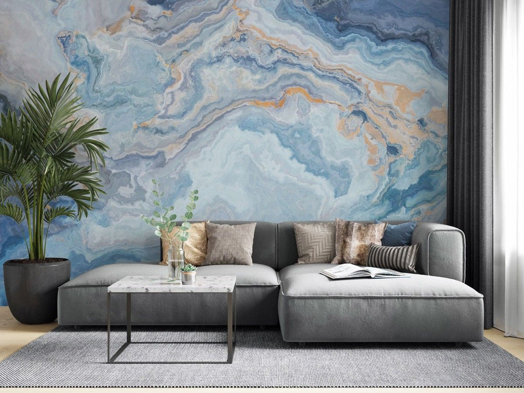 Tapet personalizat marble cu o textura de piatra in tonuri de albastru pal si alb inspirata de ghetari creand o atmosfera senina arctic ii