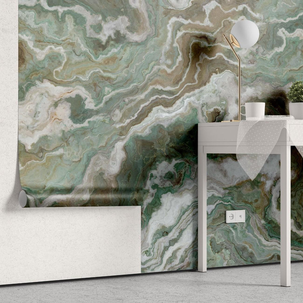Tapet personalizat marble cu o marmura in tonuri profunde de verde cu insertii albe si negre ce adauga eleganta si prospetime green marble