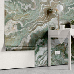 Tapet personalizat marble cu o marmura in tonuri profunde de verde cu insertii albe si negre ce adauga eleganta si prospetime green marble