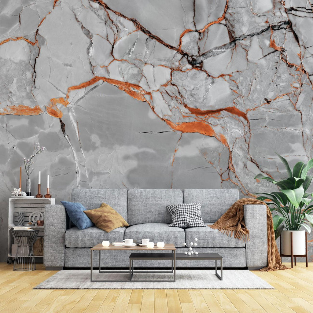 Tapet personalizat marble cu o textura de piatra in tonuri vibrante de rosu portocaliu si negru evocand energia focului lava stone