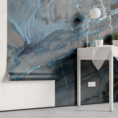 Tapet personalizat marble cu un model de marmura dinamic cu insertii albastre si galbene ce aduc un aer modern si energic electric marble
