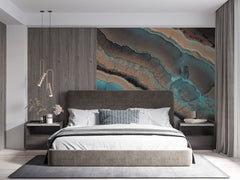 Tapet personalizat marble cu marmura in nuante de turcoaz si maro cald cu modele organice ce inspira armonie tobacco turquoise