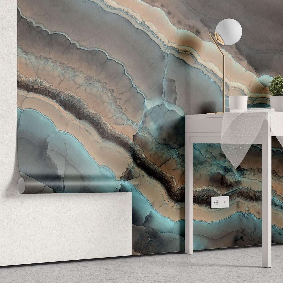 Tapet personalizat marble cu marmura in nuante de turcoaz si maro cald cu modele organice ce inspira armonie tobacco turquoise