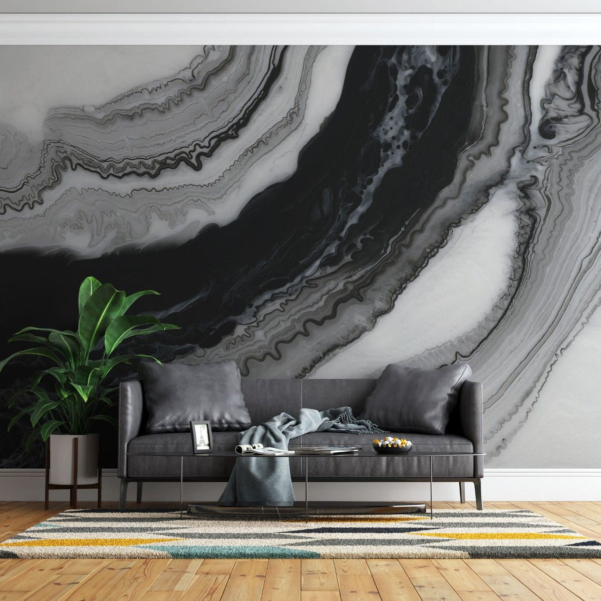Tapet personalizat marble cu o marmura cu un contrast puternic de alb si negru cu modele indraznete panda