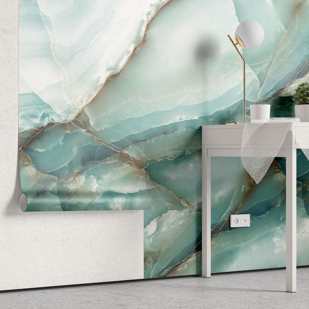 Fototapet personalizat marble cu o textura de piatra in tonuri reci de albastru deschis si alb evocand peisajele glaciare iceland