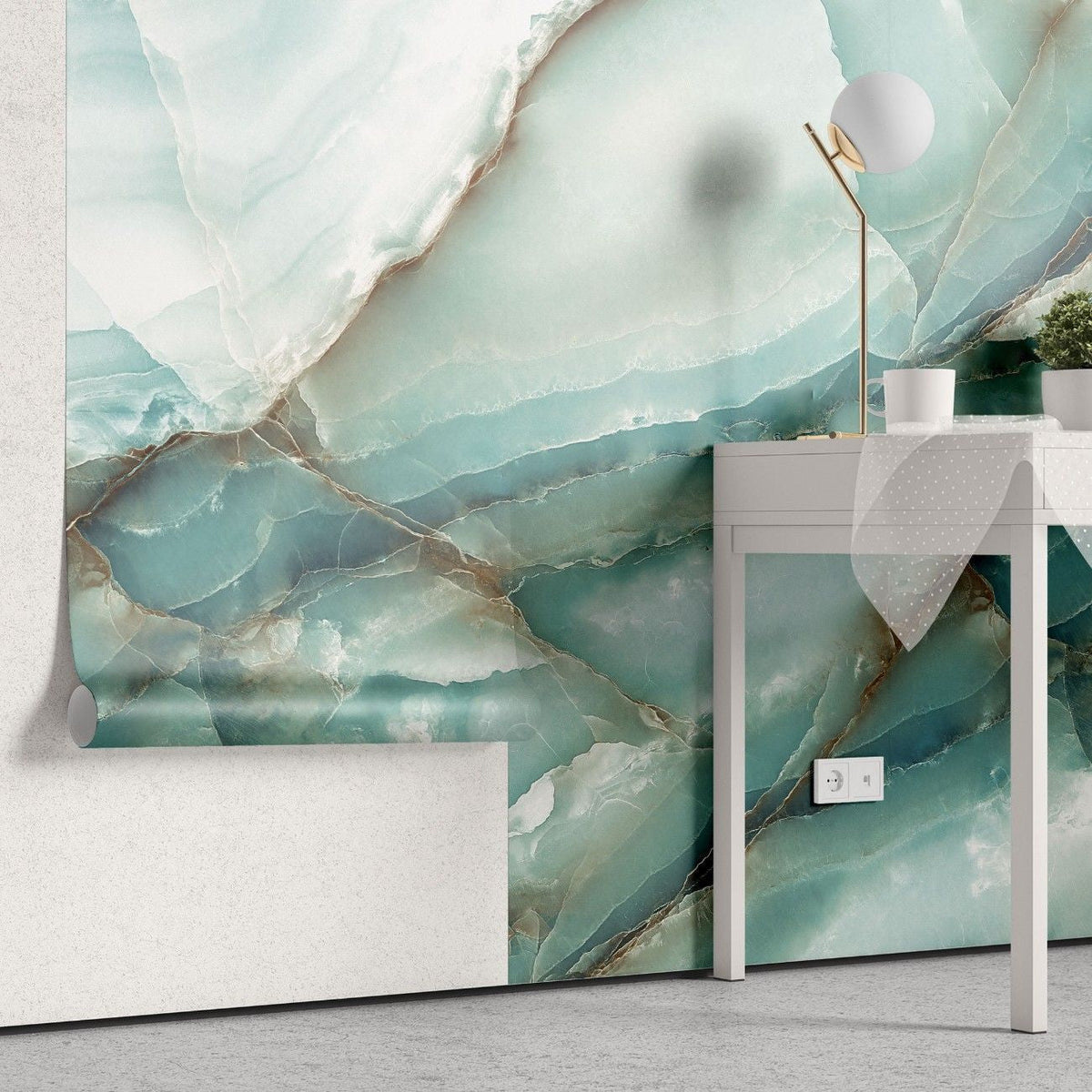 Fototapet personalizat marble cu o textura de piatra in tonuri reci de albastru deschis si alb evocand peisajele glaciare iceland