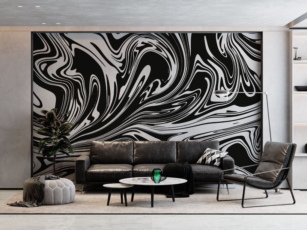 Tapet personalizat marble cu un model de marmura acril neagra cu alb ce creeaza un design dinamic si elegant black swirl